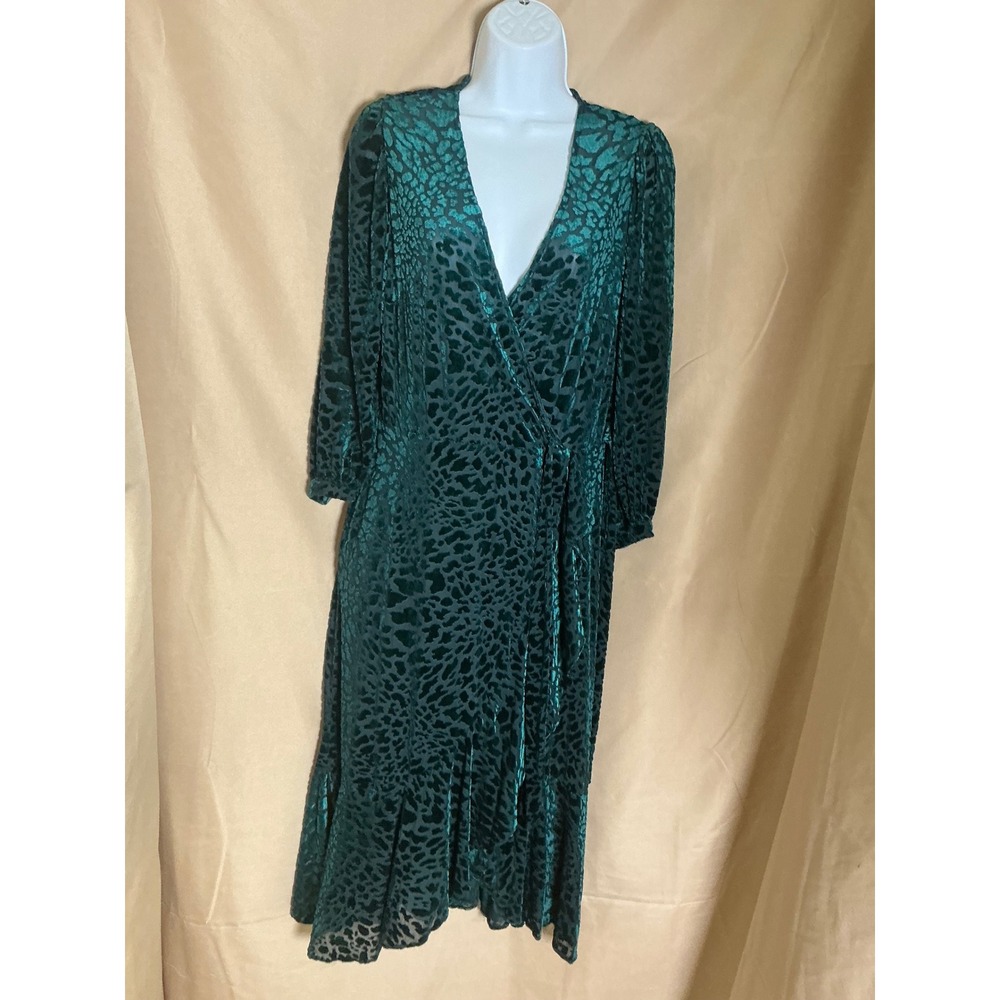 Calvin Klein Midi Dress Women No Size Green Excellent Velvet Leopard Wrap Ruffle